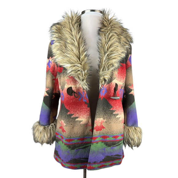 Tasha Polizzi Aztec Southwestern Blanket Coat Faux Fur Hooded Large *NO BELT* - Picture 3 of 16